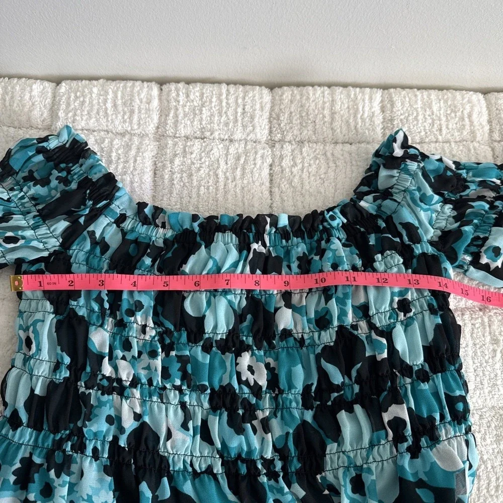 Michael Kors Y2K Blue Ruched Top M Long Sleeve Floral Fairy Boho Festival
